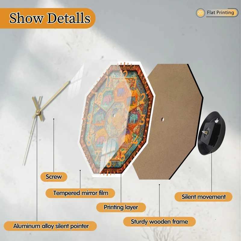 1pc Modern Elephants Arabic Calligraphy Octagonal Wall Clock for Study Home Living Room Birthdays Christmas New Year Gifts C251015