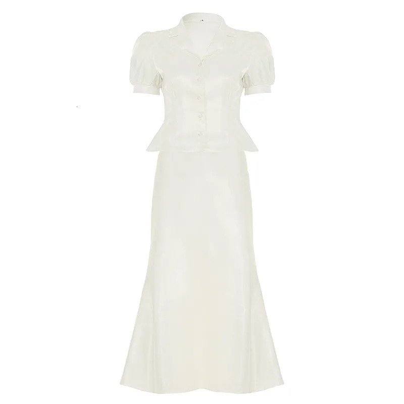 White Twopiece Ladies Set Elegant Mermaid Skirt and Puff Sleeve Lapel Top Commute Office Lady Outfits Women Fashion Suits 251011