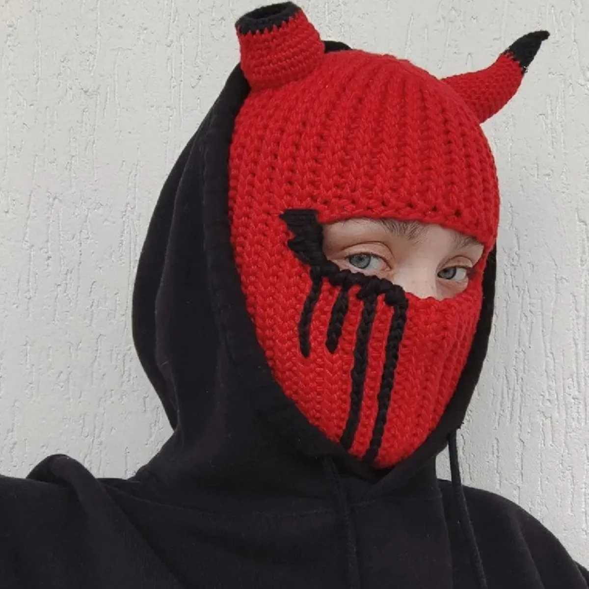 Unisex Warm Knitted Balaclava Ski Mask with Devil Horns Full Face Cover Hat for Winter Outdoor Halloween W251015