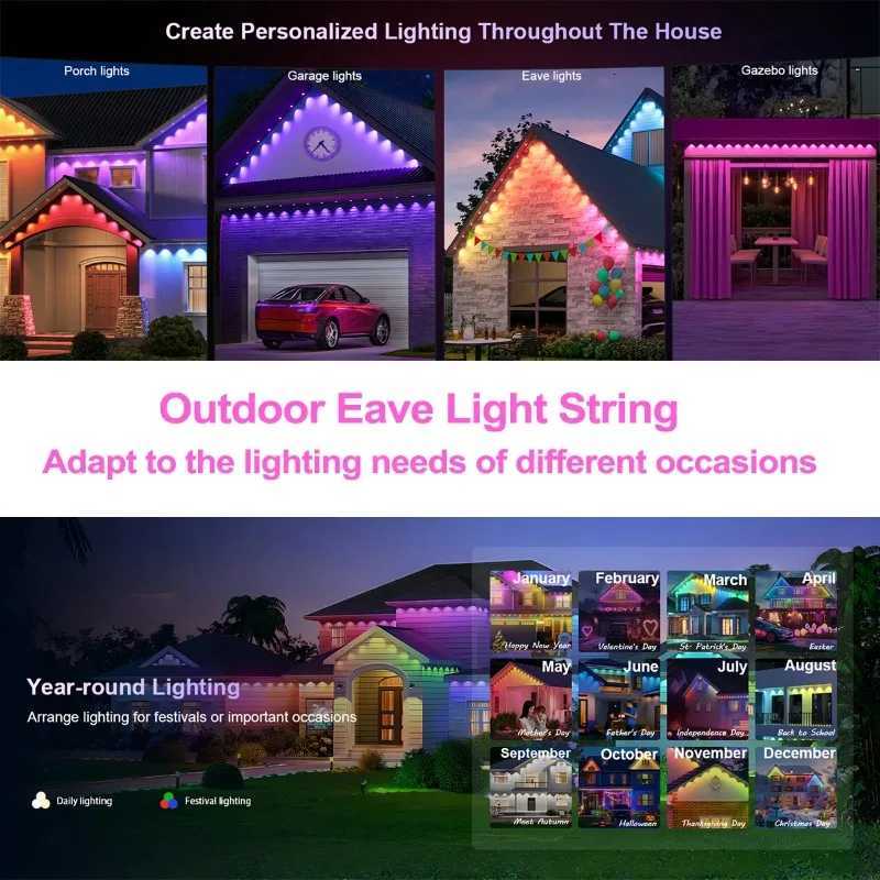 500FT Smart RGB Eave Lights App Remote IP67 Permanent Outdoor LED String Lights Home New Year Christmas Birthday DIY Lighting X251015