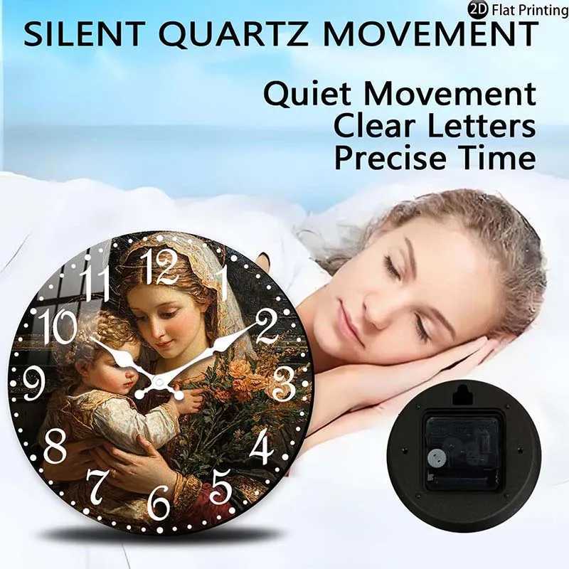 Wooden Silent Wall Clock Mother holdg baby with flowers Quartz Clocks Home Idea ChristmasHalloweenNew Year Gift C251015