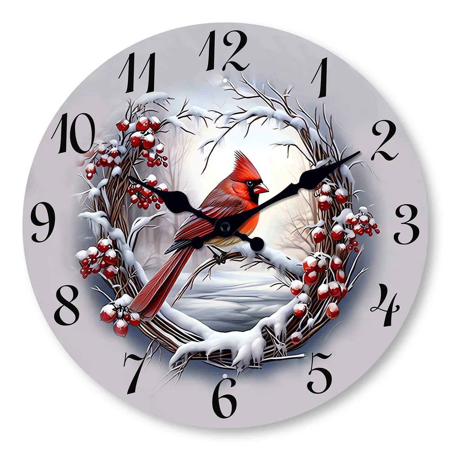 1pc Wooden wall clock Watercolor Winter Cardinals design wall clock silent clock Living Room Bedroom Room Decor Home Decor C251015