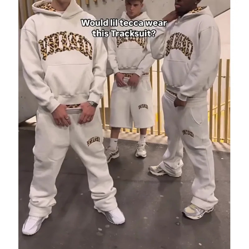 European and American trendy high street leopard print loose hooded sweatshirt casual stacking sweatpants 251015