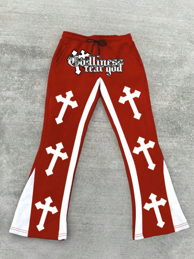 Mens Casual Street Style Trendy Cross Print Fashionable Slightly Flared Black and White Color-Block n Sweatpants 250819