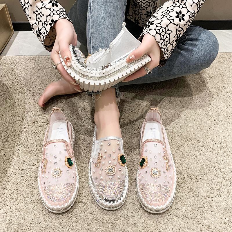 Designer Platform Loafers Women Summer Mesh Breathable Sneakers Rhinestone Pearl Flat Shoes Slip-On Pink Single Shoes Ladies Footwear Comfortable Walk