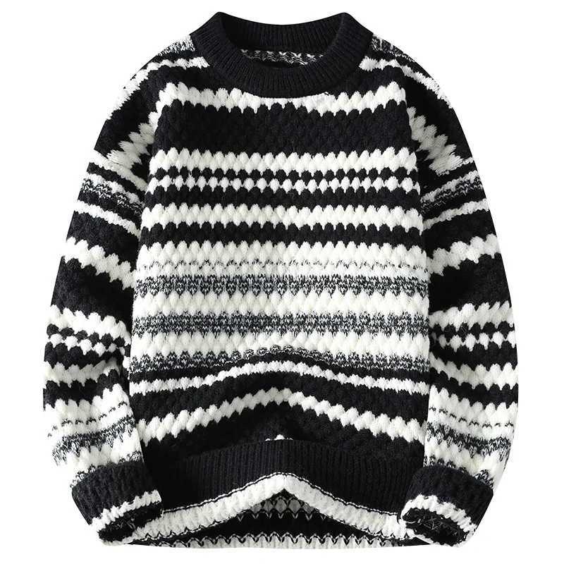 Winter Mens Loose Pullover Male Slim Fit Fashion Knitted Sweater Man Thick Warm Pull Homme Retro Stripe Sweaters J251015