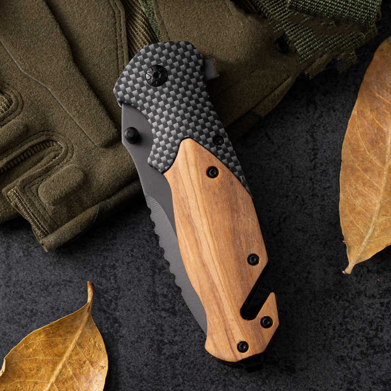 Outdoor Knife High Hardness Folding Knife Selfdefense Folding Knife Multifunctional Small Knife Outdoor Wooden Handle Folding Knife H251015