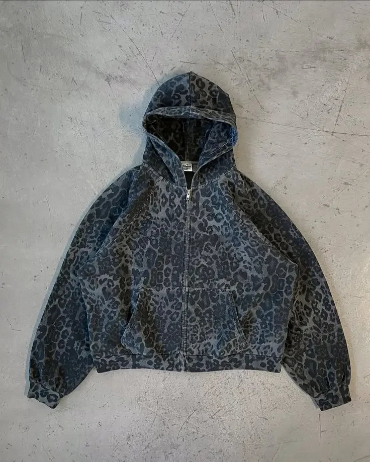 Streetwear American Retro Leopard Print Zipup Hoodie Y2K Men Women Camouflage Leopard Print Oversized Hoodie Sweatshirt Jacket 251015