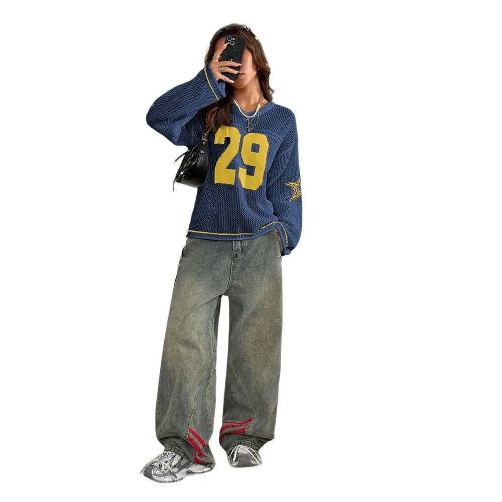 Y2K Style Sports Jersey Womens Knitted Tops Fashionable Digital Printed Round Neck Long Sleeve Jumper 2025 Summer Street Trend 251009