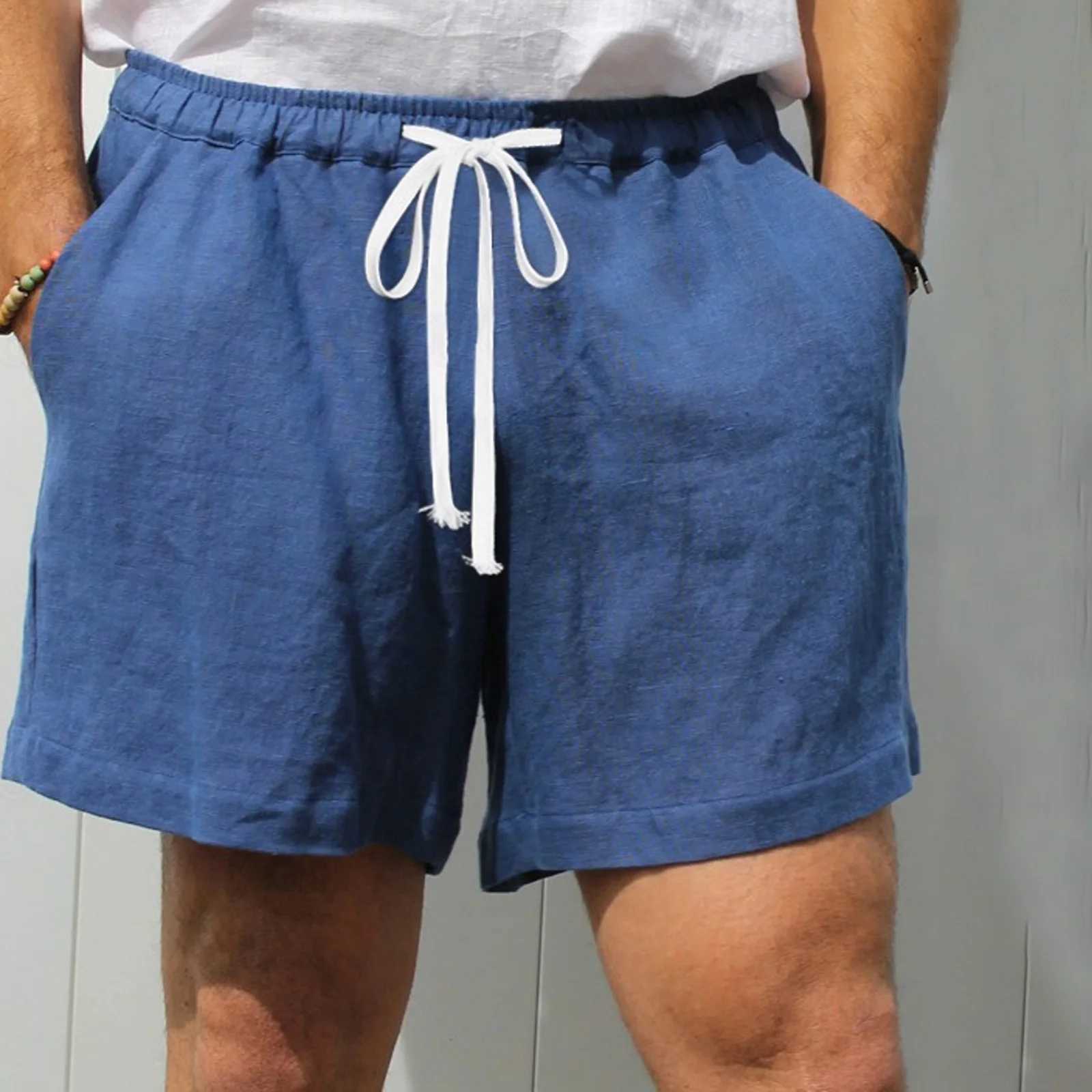 Mens Linen Beach Shorts Solid Color Elastic Waist Drawstring Swim Trunks with Pockets Casual Swim Shorts for DailyT251015