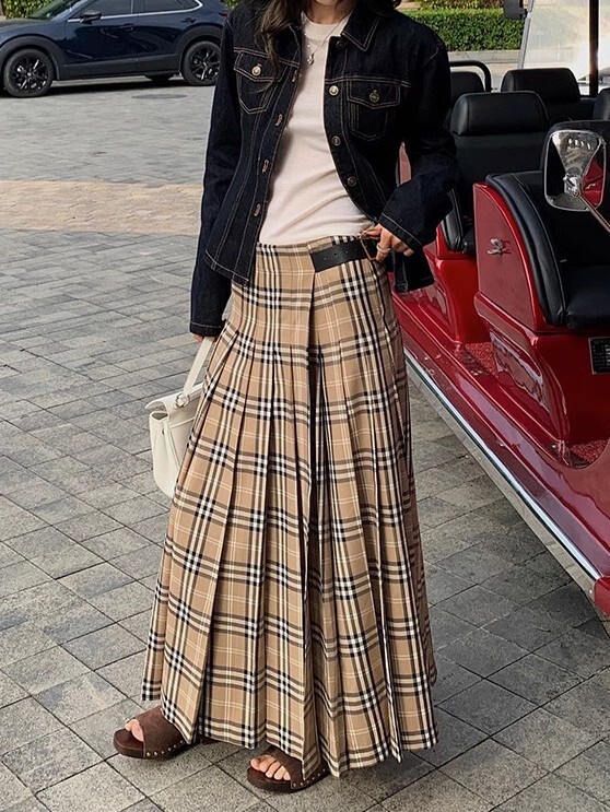 designer Pleated Plaid New Low Waist A-line Long Skirt for Women