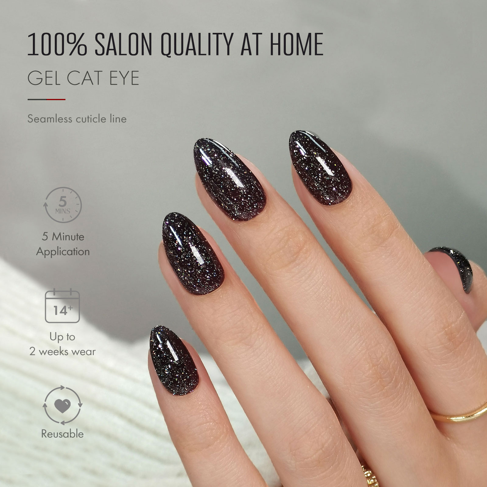 Glitter Black Press On Nails Almond with Sparkling Diamond - Soft Gel Fake Nails Short with Glue, Glossy Glue On Nails for Women Gift in 16 Sizes - 32