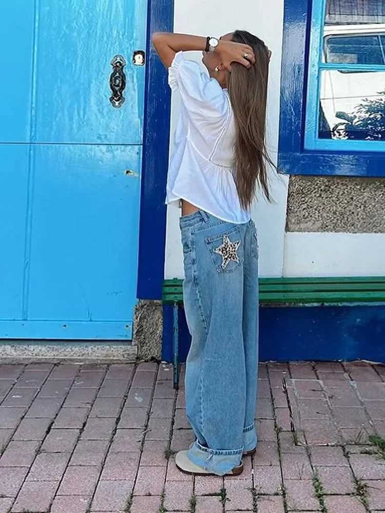 Denim belt leopard print star patch womens high waist straight legs jeans fashion clothing cleaning blue pants vintage trousers W251015