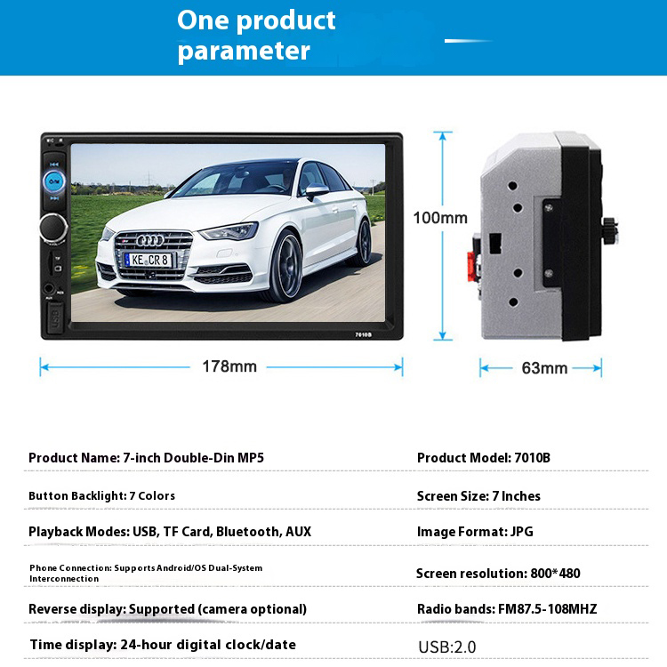 Universal 2 Din Car Radio 7" Touch Screen Multimedia Player Car Player Auto Universal MP5 Player Auto Audio USB TF Bluetooth With Rearview Camera