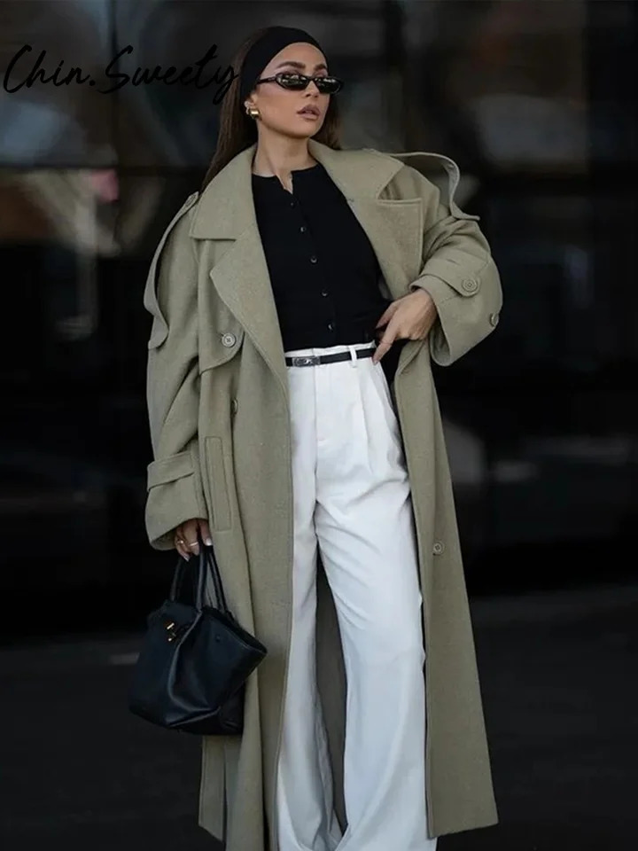 Urban Solid Double Breasted Long Women Coat Loose Full Sleeve Belt Double Breasted Female Jacket 2025 Autumn Winter Lady Top 251028