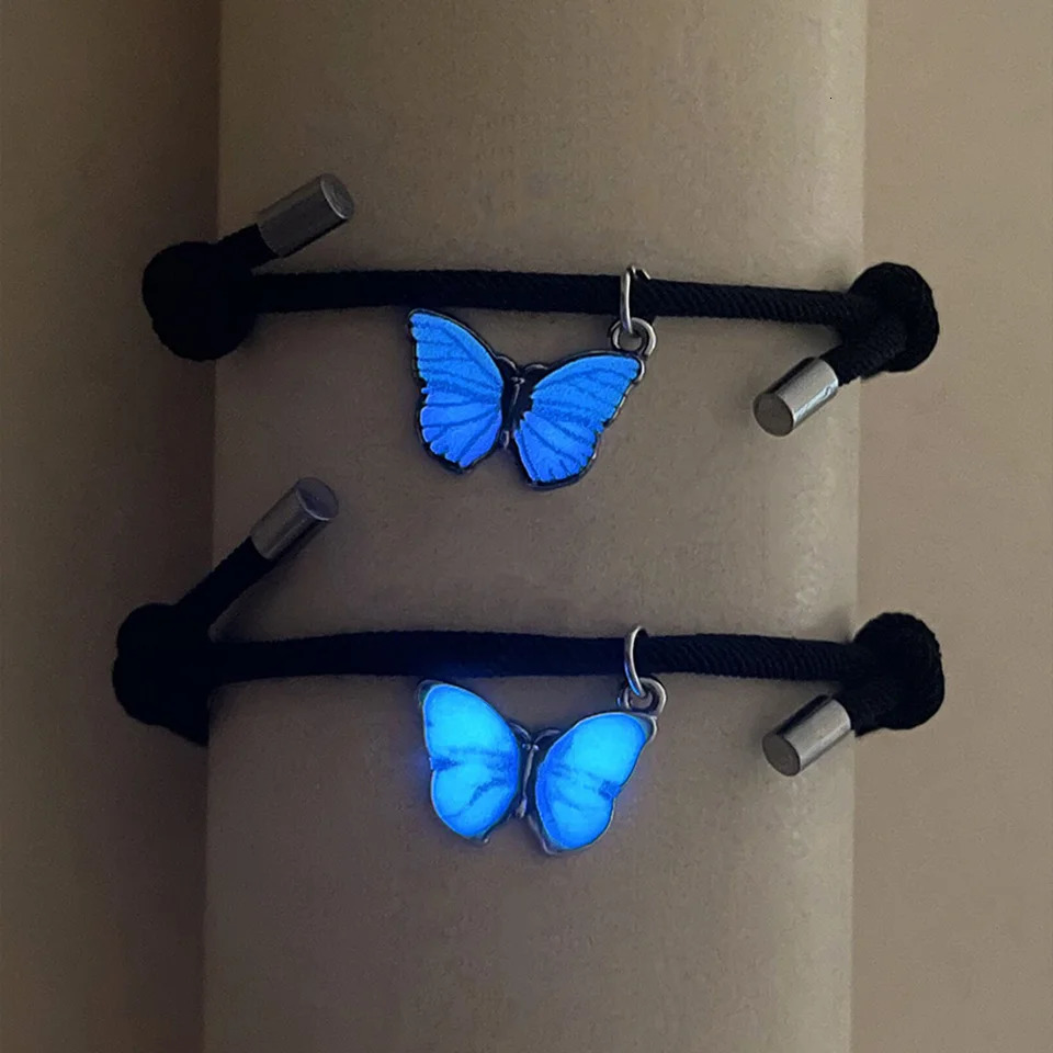 2 PCSSet Butterfly Couples Pendant Luminous Bracelet For Women Lover Black Rope Charm Friendship Girlfriend Party Jewelry Gift 251014