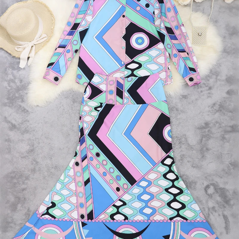 Elegant Geometric Printed Womens Two Pieces Set Casual Lapel Collar Singlebreasted Shirts Hip Package Skirt Lady Holiday Suit 251028