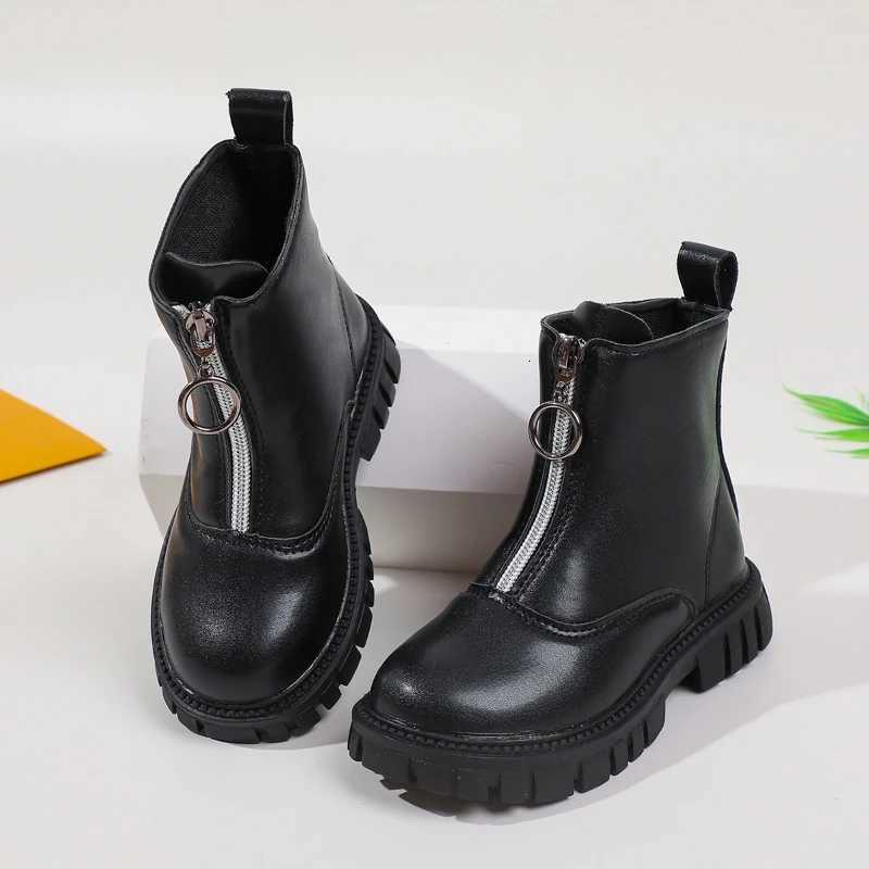Childrens Platform Ankle Boots Autumn New Black Boots for Girls School Causal Nonslip Kids Fashion Leather Boots Front ZipperT251015