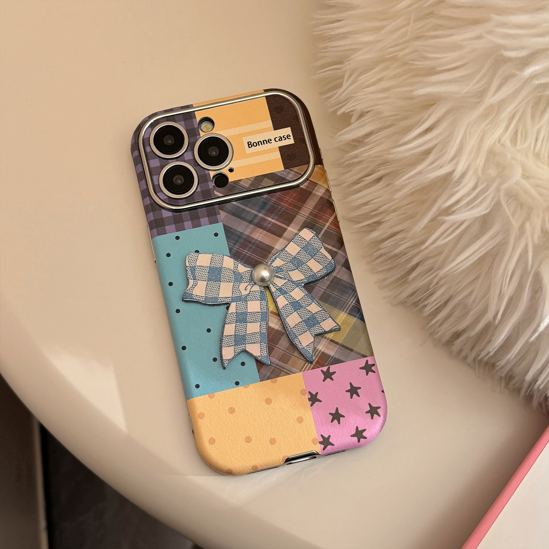 Compatible with iPhone 16 Apple Phone Case 17 Pro Max Colorful Plaid Stitching 15 3D Bow 13 Leather