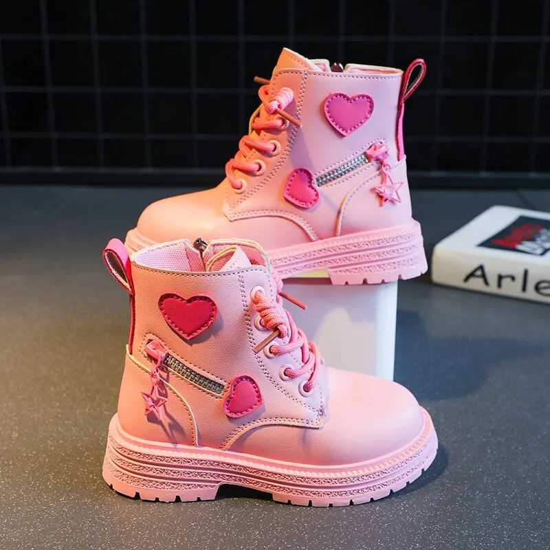 Girls Ankle Boots Fashion Princess PU Leather Rubber Outsole Childrens Short Boots Autumn Winter Zipper Pink with Love HeartT251015