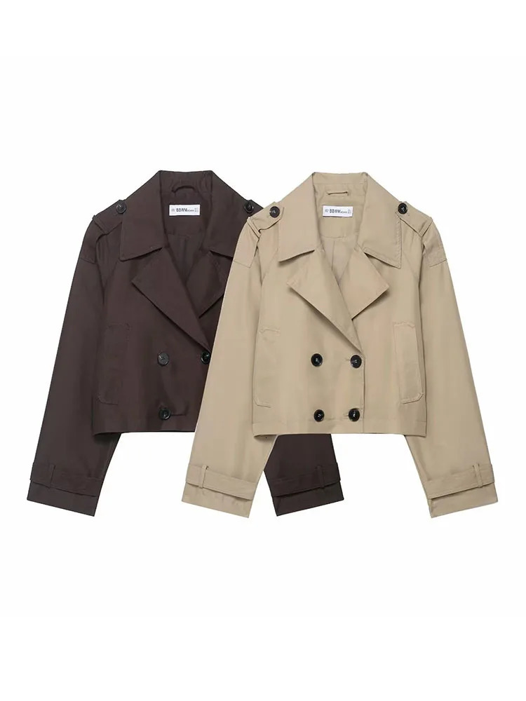 Fashion Lapel Short Trench Coats Women Double Breasted Pockets Jackets Female Autumn Winter Office Lady Solid Outwear 251030