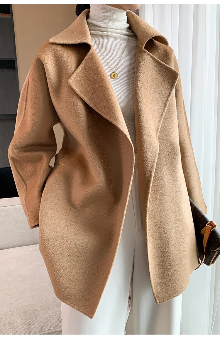 Autumn Short Doublesided Cashmere Water Ripple Coat Women Turndown Collar Loose Tempeament Warm Casual wool Jacket Female 251029