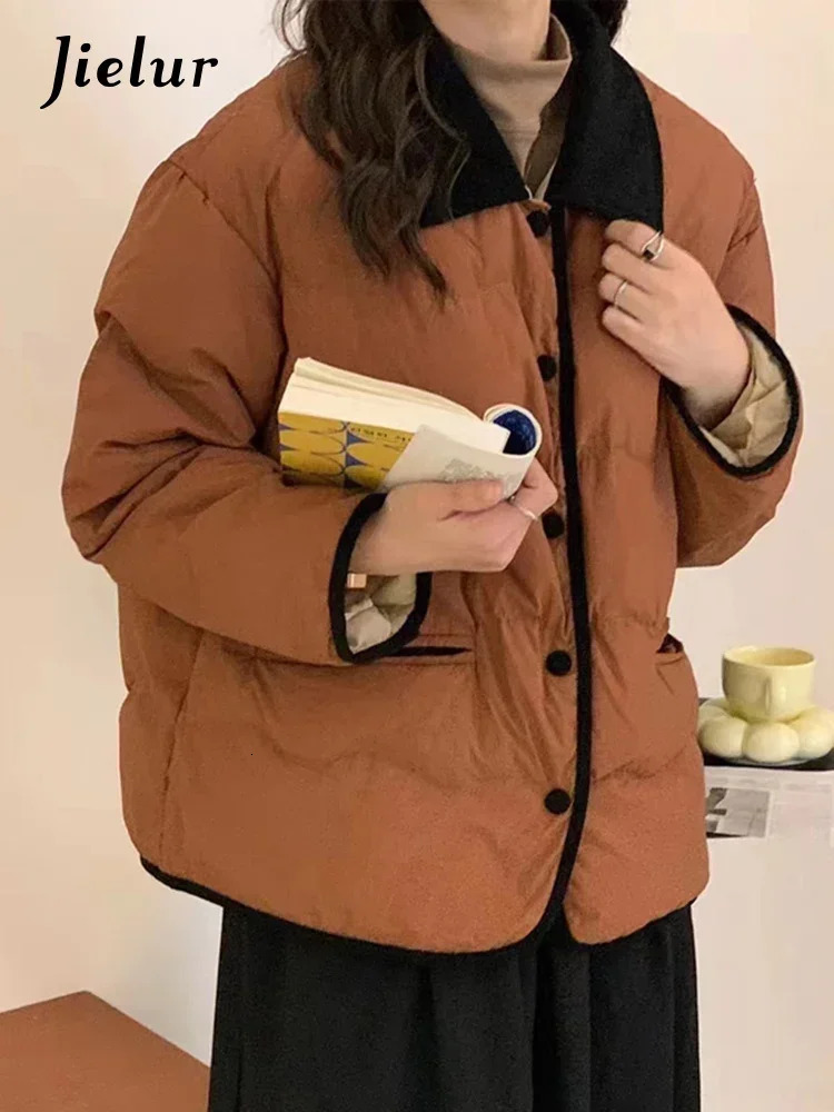 Jielur Ins Contrast Color Chic Button Loose Corduroy Women Parkas Fashion Pockets 5colors Single Breasted Casual Female Parkas 251030