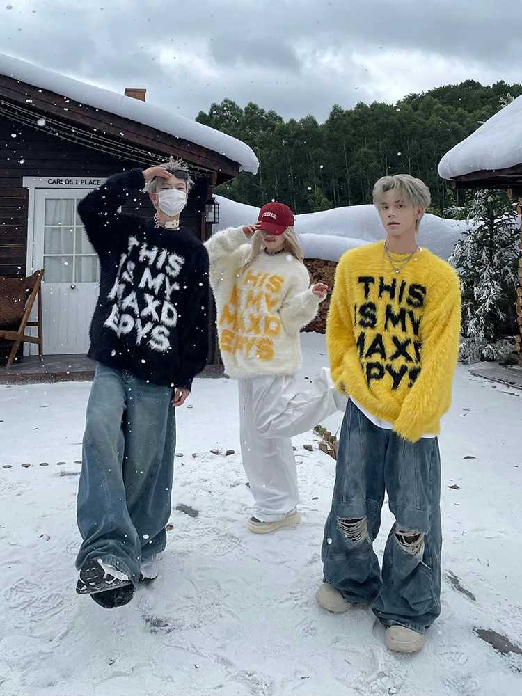 American Hip Hop Vintage Letter Mink Slouchy Couple Sweater Mens And Womens Casual Loose Knit Coat Mens ropa hombre J251015