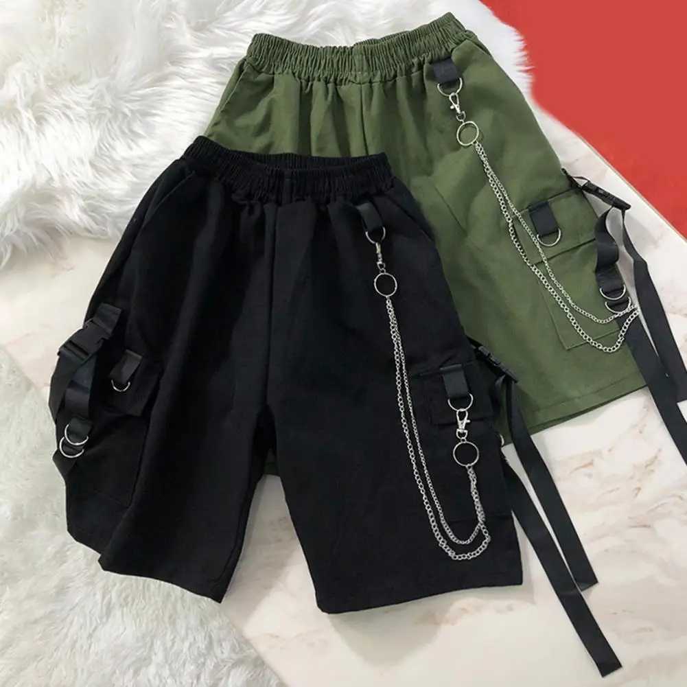 Men Shorts Multi Pockets Chain Strap Decor Casual Shorts MidRise Elastic Waistband Male Shorts Knee Length Men Cargo ShortT251015