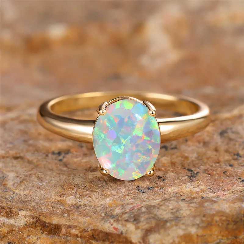 Female Rainbow White Fire Opal Stone Engagement Ring Yellow Gold Color Summer Wedding Jewelry For Women Finger BandsXJ251015