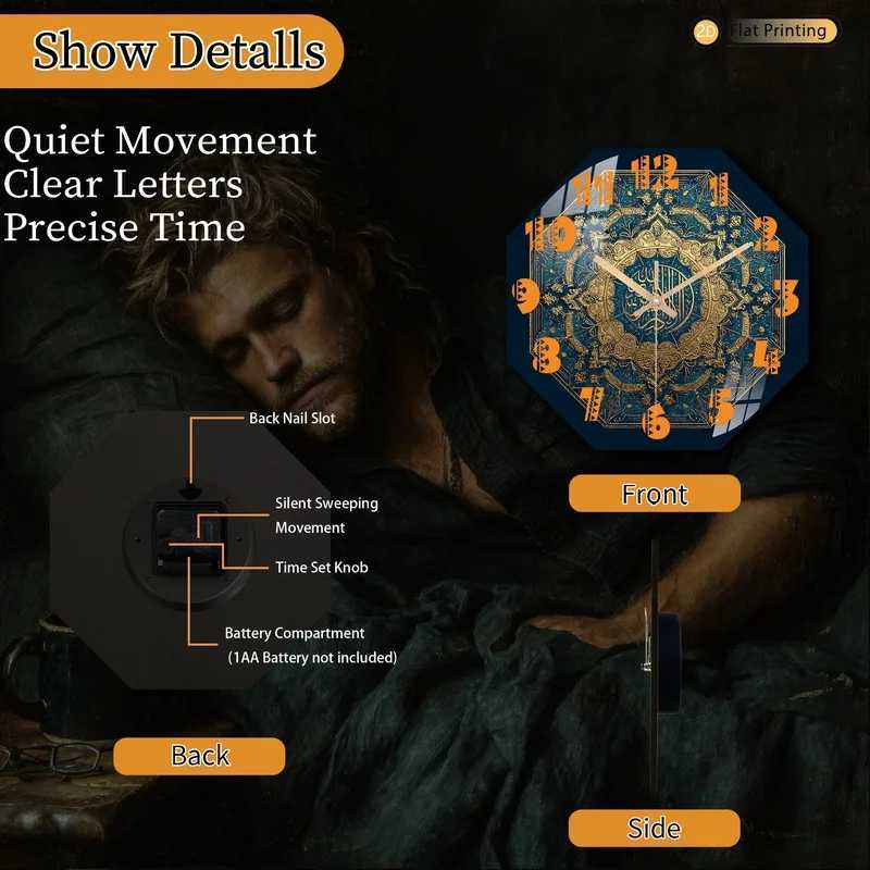 Distinctive Luxurious Arabic Calligraphy Octagonal Blue Wall Clock for Farmhouse and Bedroom Romantic Valentines Day Gift C251015