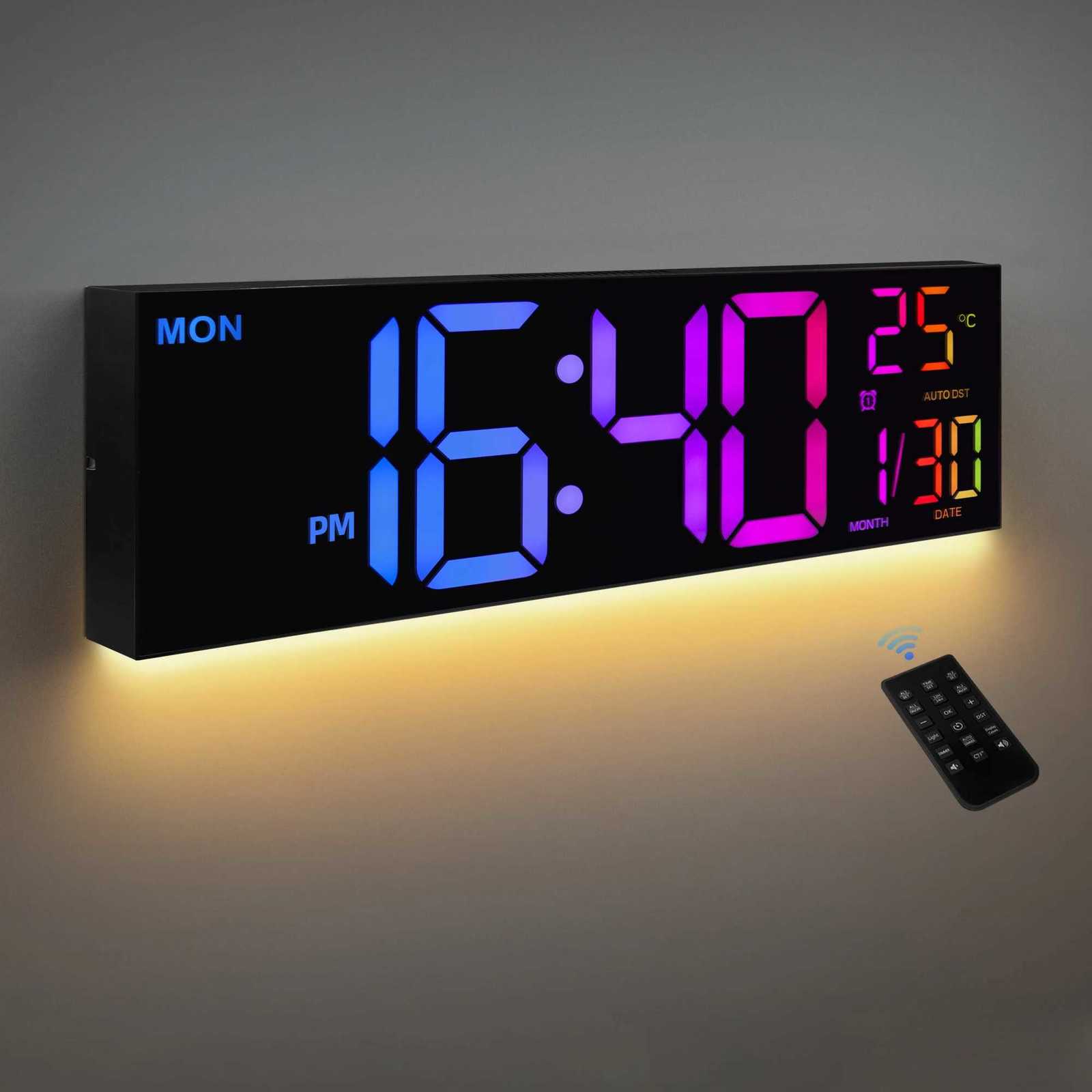 16 Large Digital Wall Clock Big LED Display with Remote 8 RGB Color Alarm DST Temperature for Living Room Kitchen C251015