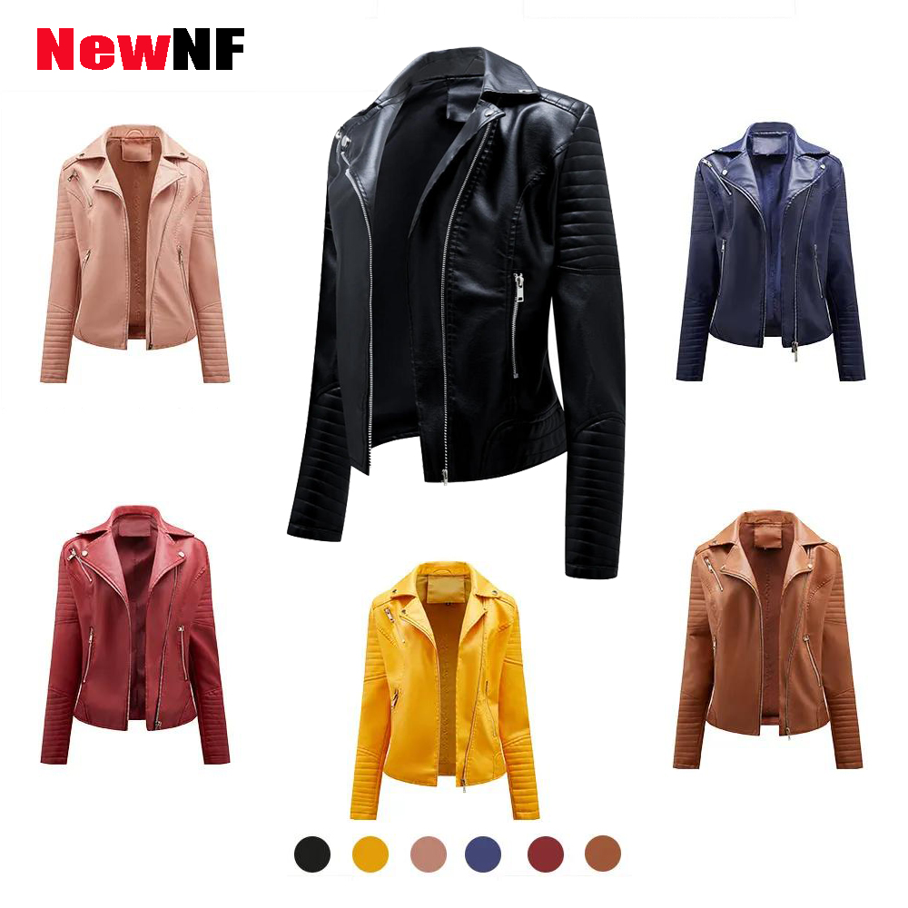 OC405N99 NewNF Short Women's Leather Coat Slim Fit Flip Collar Motorcycle Suit Diagonal Zipper Jacket Long Sleeve Customize