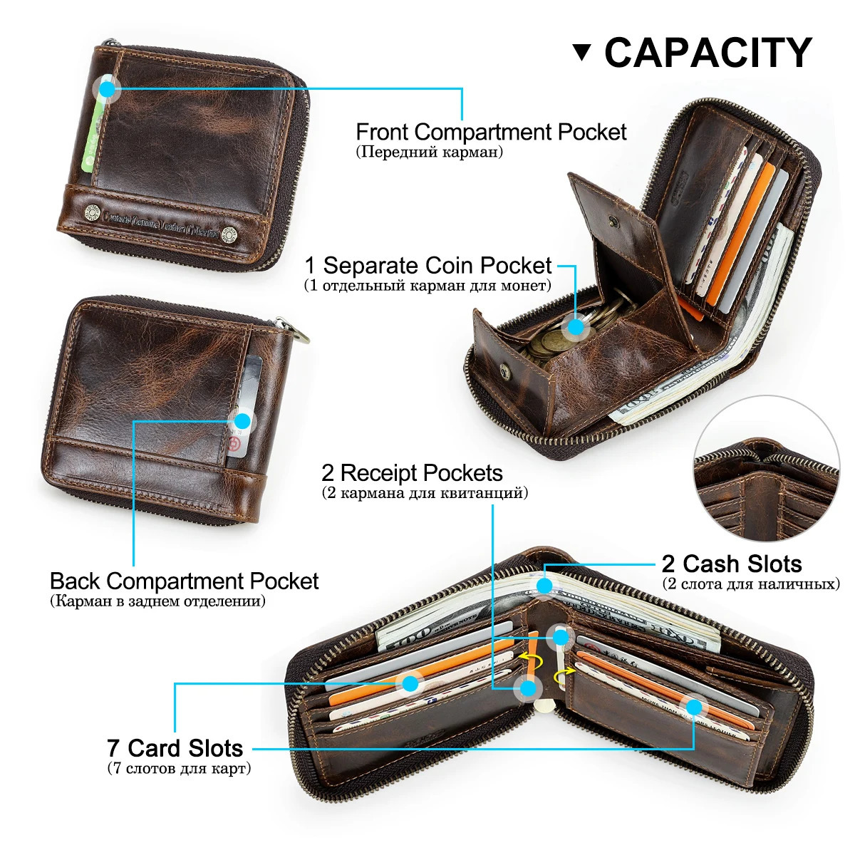 CONTACTS Genuine Leather Short Wallets for Men y ner Zipper Card Holder Coin Purse Money Clip Male Pocket Mini Wallet 251014