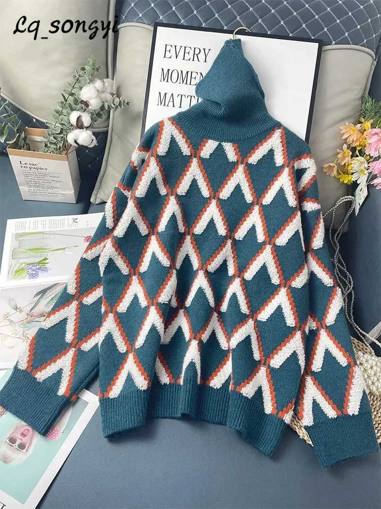 Oversized Sweaters Plaid Thicken Knitted 2024 Winter Pullover Knitted Coats Jackets Vintage Warm Turtleneck Jumper LQ1 J251015