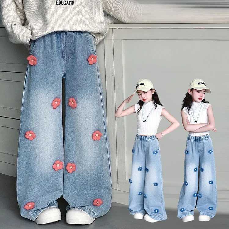 Kids Jeans Flowerdecorated Wideleg Pants Baby Girl Jeans Girls Pants Kids ClothesT251015