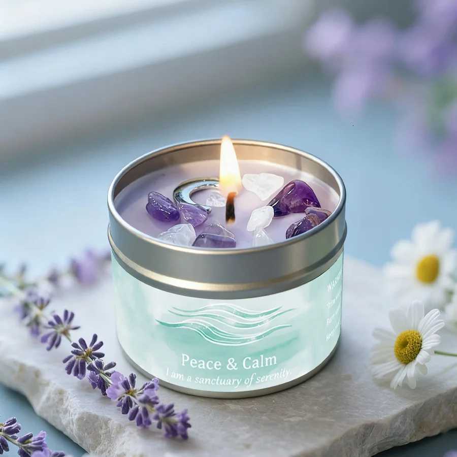 Law of Attraction Peace Ritual Candle Lavender Chamomile Aroma with Heng Crystals Great for Holiday Gifting Christmas C251015