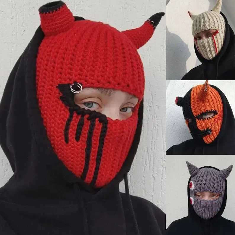 Unisex Warm Knitted Balaclava Ski Mask with Devil Horns Full Face Cover Hat for Winter Outdoor Halloween W251015