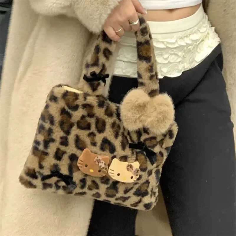 Sanrio Hello Kitty Shopping Tote Bag Kawaii Plush Leopard Print Handbag Portable Luxury Storage Bag Hellokitty Girlfriend Gift L251015