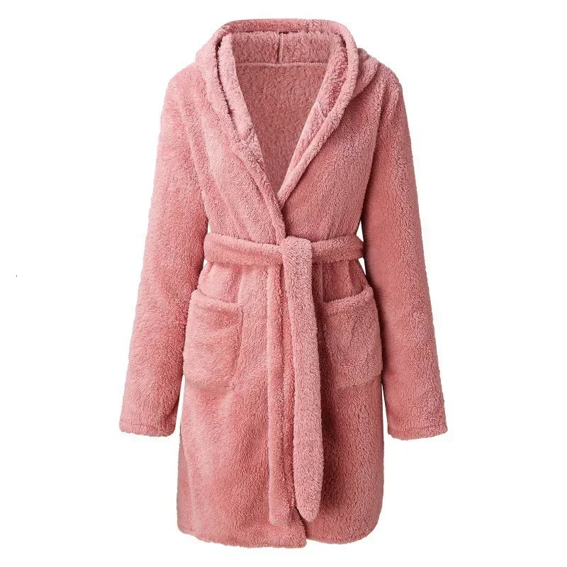 Women Bath Robe Winter Fluffy Plush Pyjamas Ladies Sexy Hooded Dressing Solid Color Gown Warm Bathrobe Female Home Clothing251014