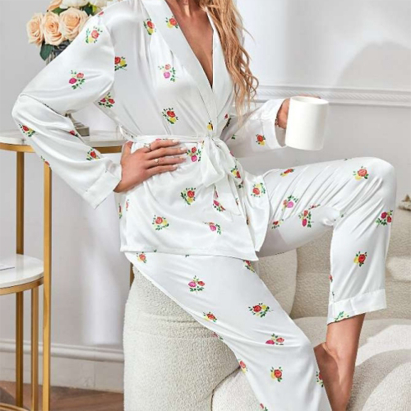 Spring/Fall Women's Silk Satin Floral Print Short Robe and Pants Pajama Set for Homewear nightgown retro nightgown nightgown set nightgown nightd