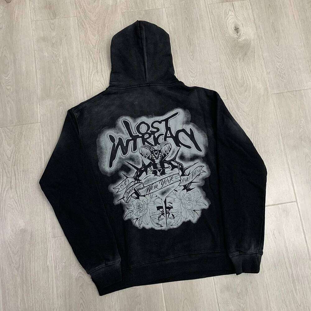 High Street Washed Lost Rhineston Shinning Autumn Mens Hooded Hoodies Vintage Casual Pullover Loose Cotton Sweatshirts Oversized