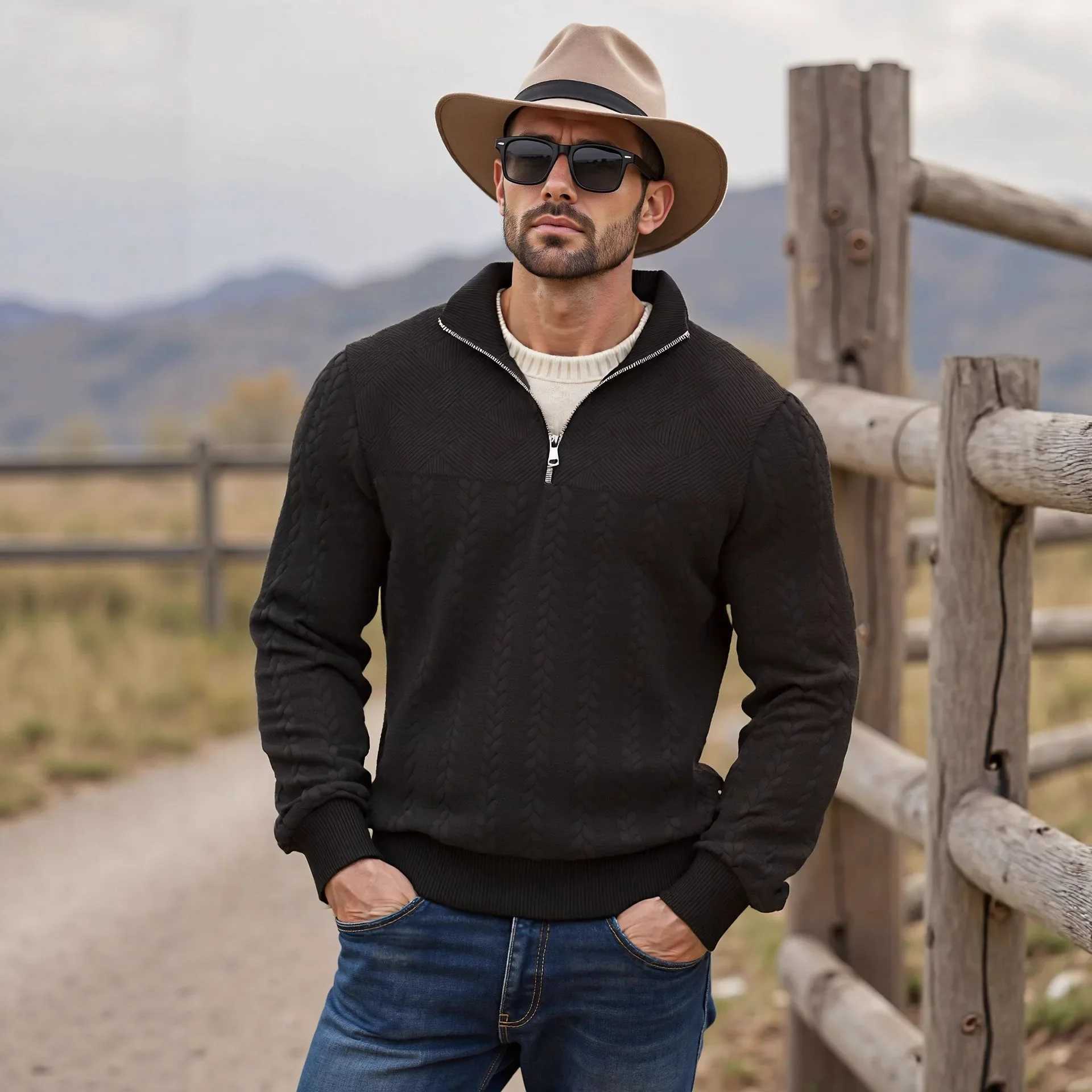 American Retro Casual StandUp Collar Zipper Pullover Loose Knitting Heavy Fashion Sports LongSleeved Sweater for Autumn Winter J251015