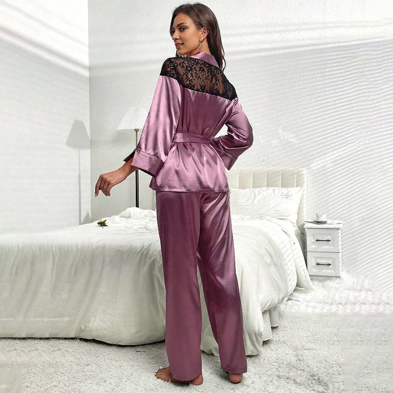 Women's Spring/Fall Silk Satin Lace-Panel Long-Sleeve Pajama Set with Pants nightgown retro nightgown nightgown set nightgown nightdress loungewe