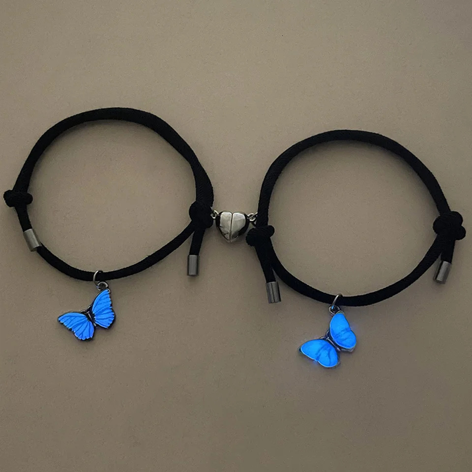 2 PCSSet Butterfly Couples Pendant Luminous Bracelet For Women Lover Black Rope Charm Friendship Girlfriend Party Jewelry Gift 251014