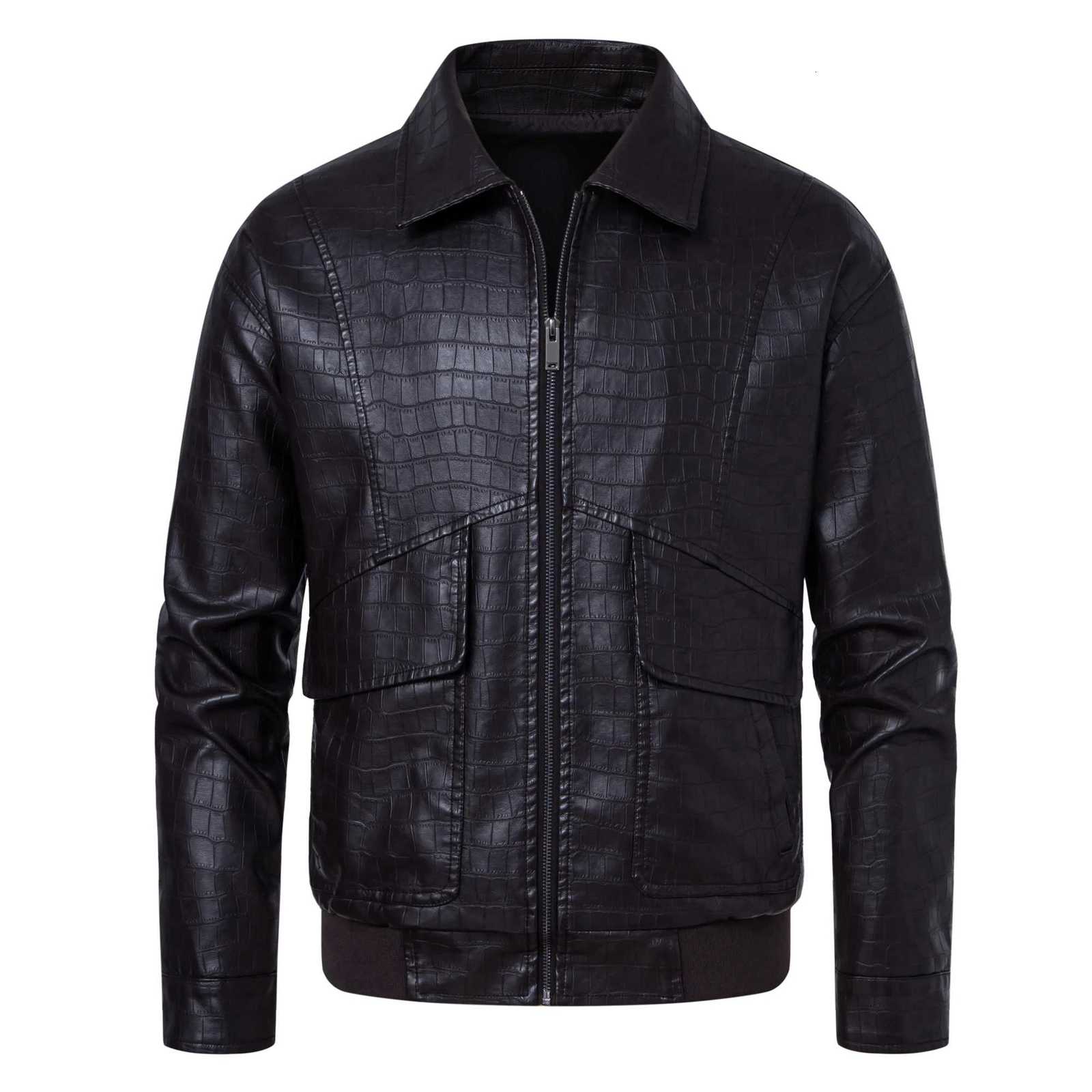 Mens faux crocodile PU leather jacket with vintage lapels W251015