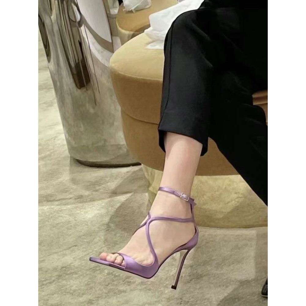One-Strap Purple Stiletto Sandals Open Toe Sexy Satin