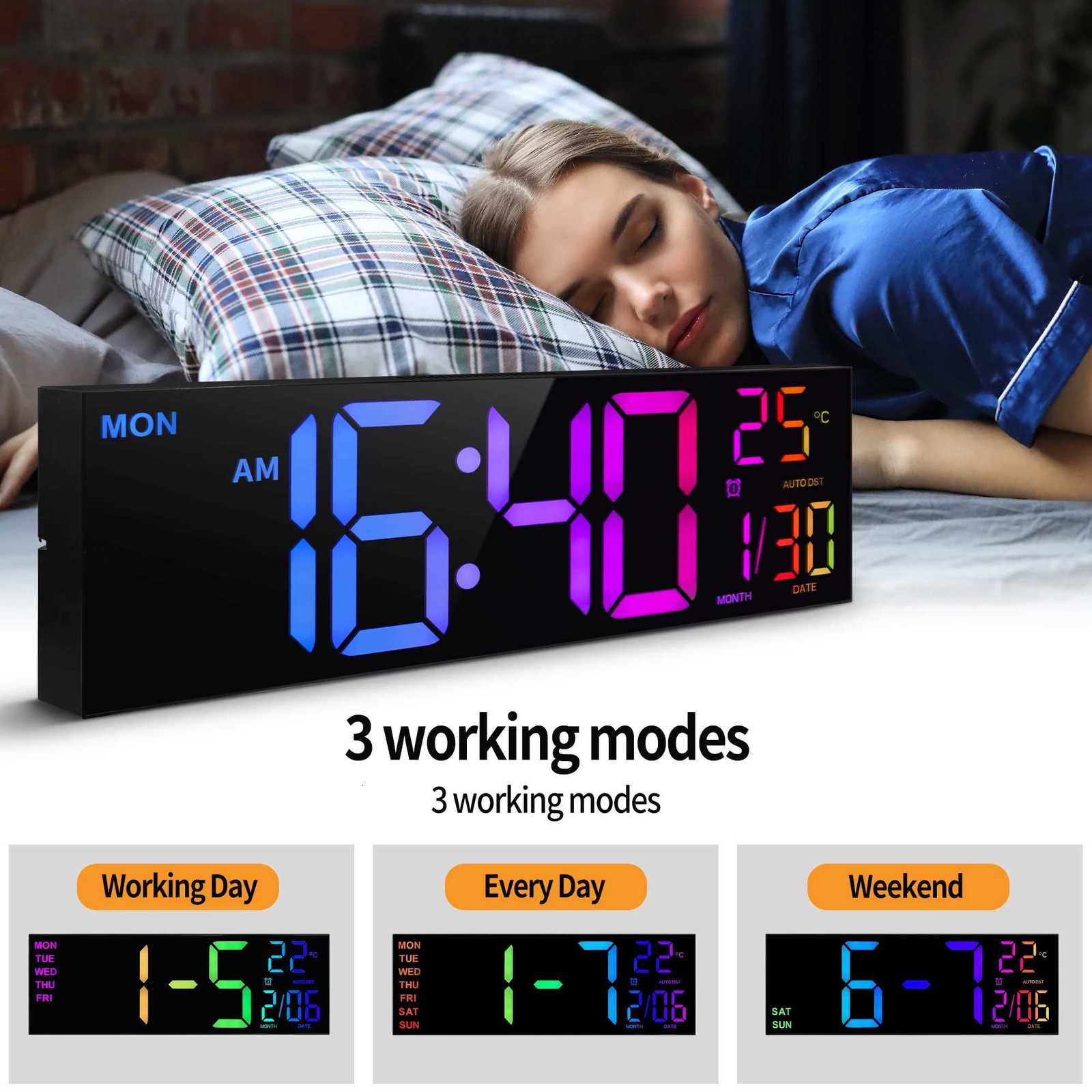 16 Large Digital Wall Clock Big LED Display with Remote 8 RGB Color Alarm DST Temperature for Living Room Kitchen C251015