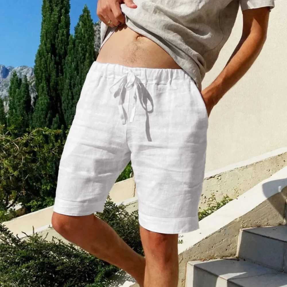 Mens Solid Color Casual Short Pants Beach Breathable Loose Straight Shorts Vintage Laceup Drawstring Men ShortsT251015