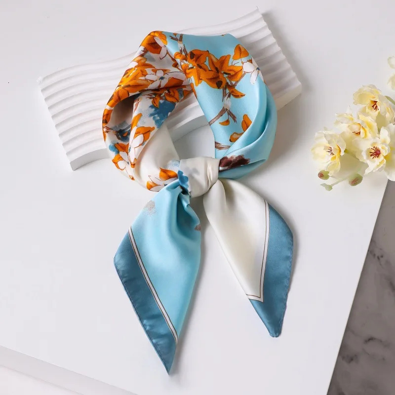 Printed Silk Scarf Women Simulated Silk Elegant Blue Versatile Headwear Bag Accessories Clothing Fashion Square Scarf 251014